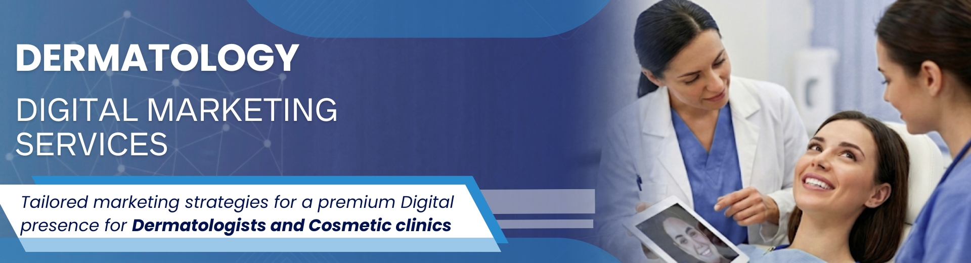 Banner showing modern dermatologists clinics and practices.